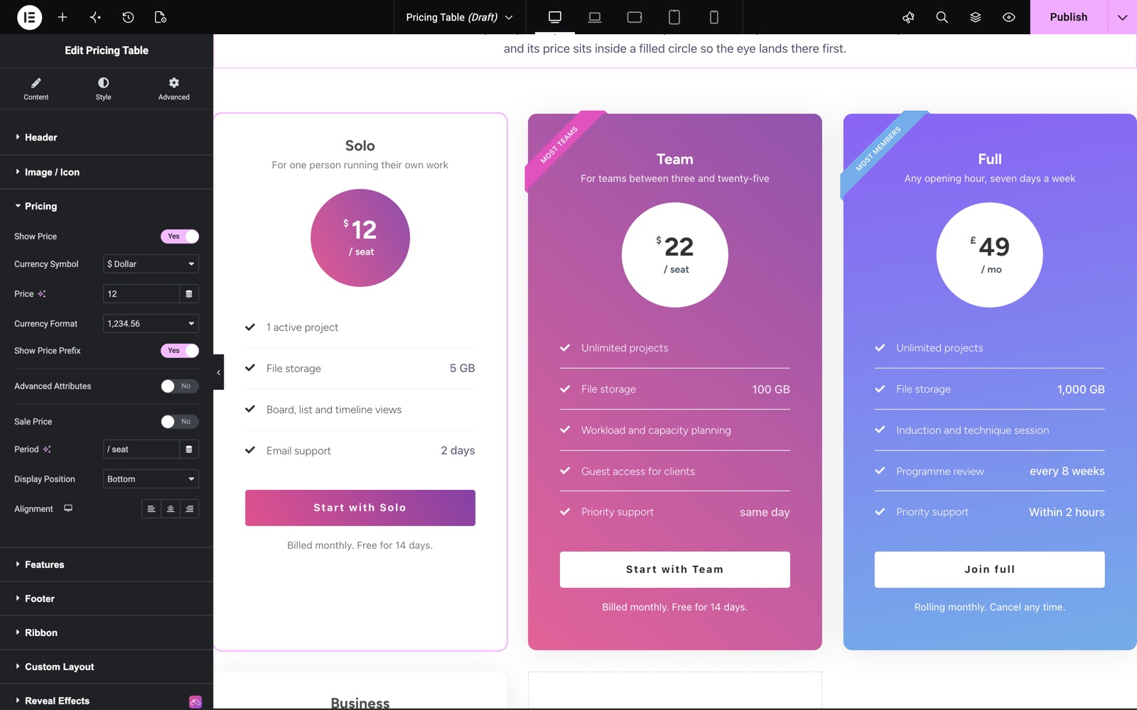 Elementor pricing table Pricing section with currency symbol, price, format and period