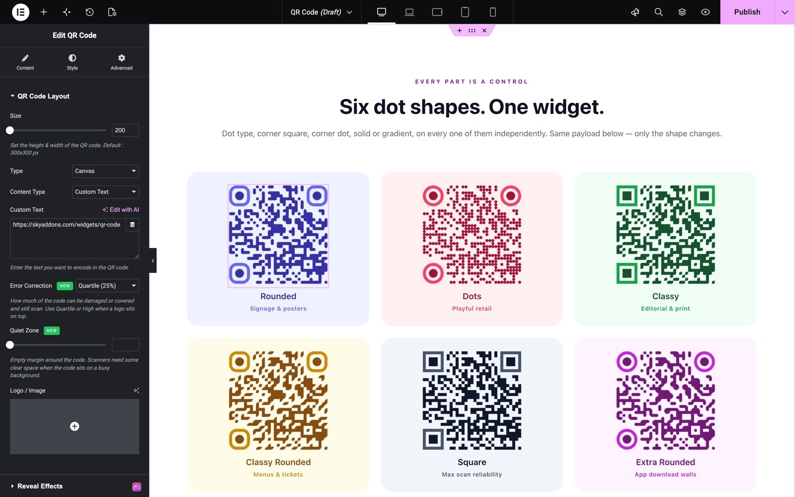Elementor QR code widget with custom text, error correction and quiet zone settings