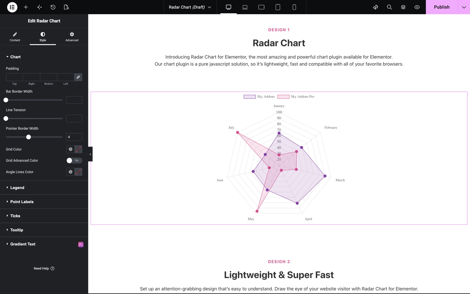 Radar Chart style settings with line tension, pointer border width, grid and angle lines color