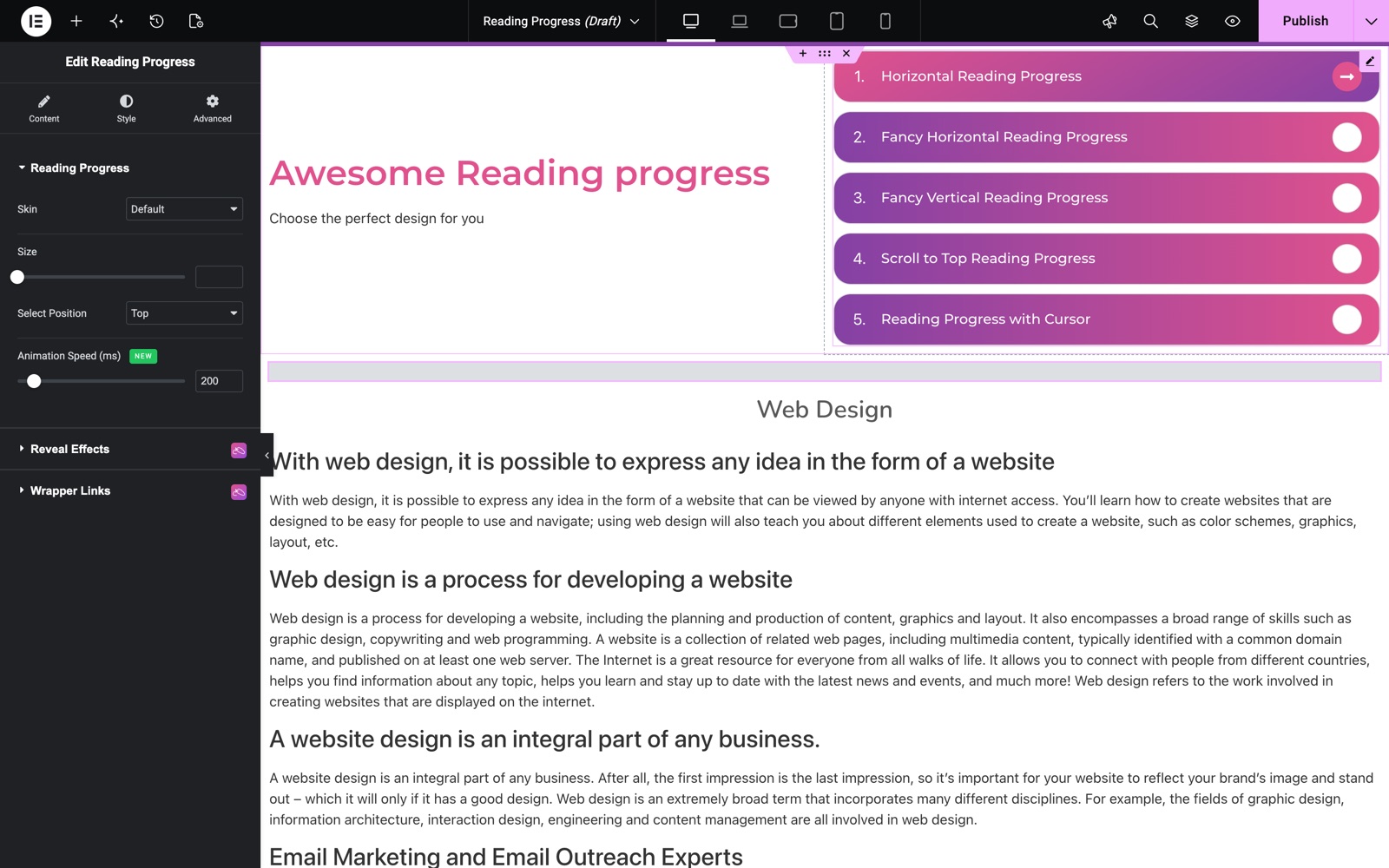 Elementor reading progress widget with Default skin, top position and animation speed
