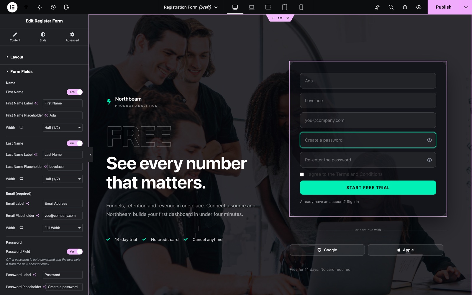 Elementor registration form widget Form Fields with first and last name at half width