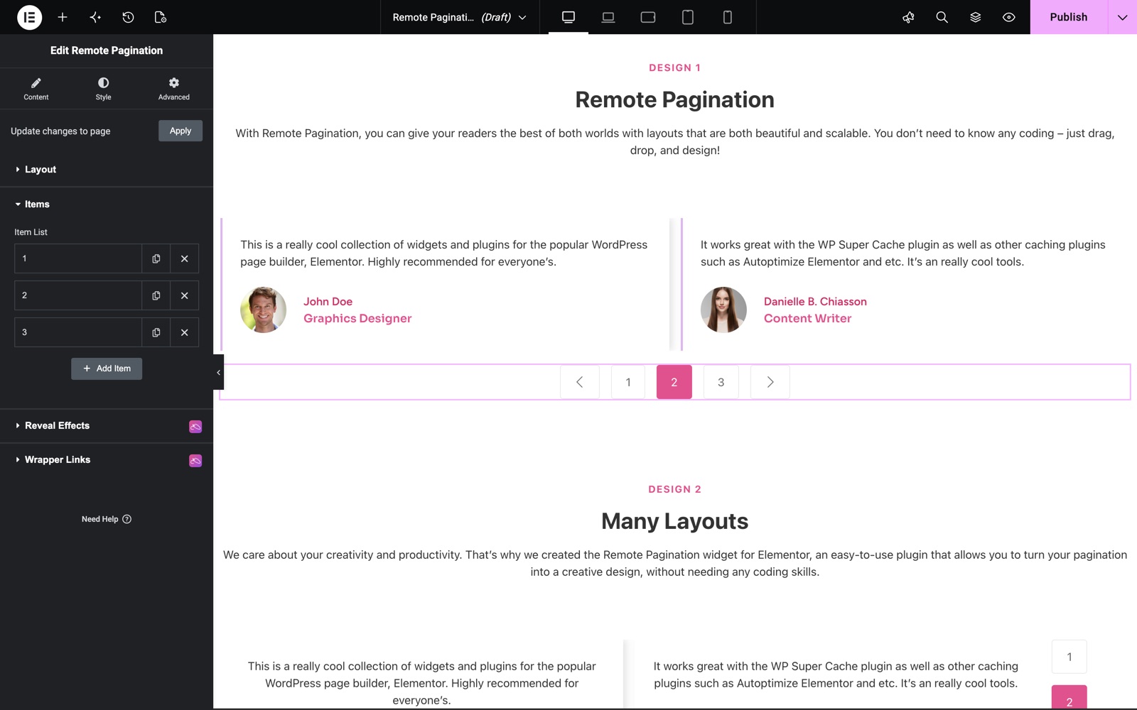 Elementor remote pagination widget with three numbered items controlling a carousel
