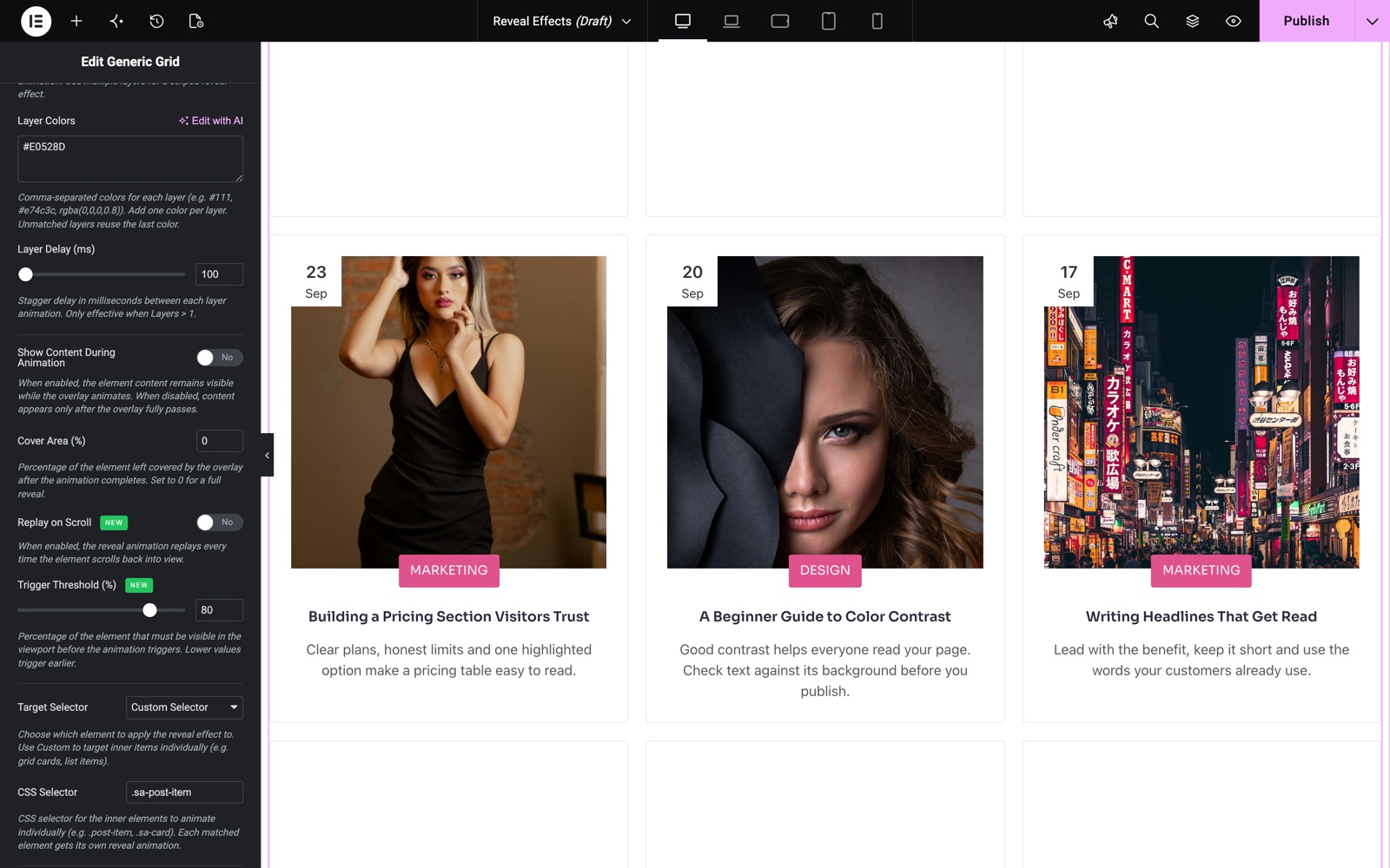 Reveal Effects Custom Selector set to .sa-post-item on a Generic Grid