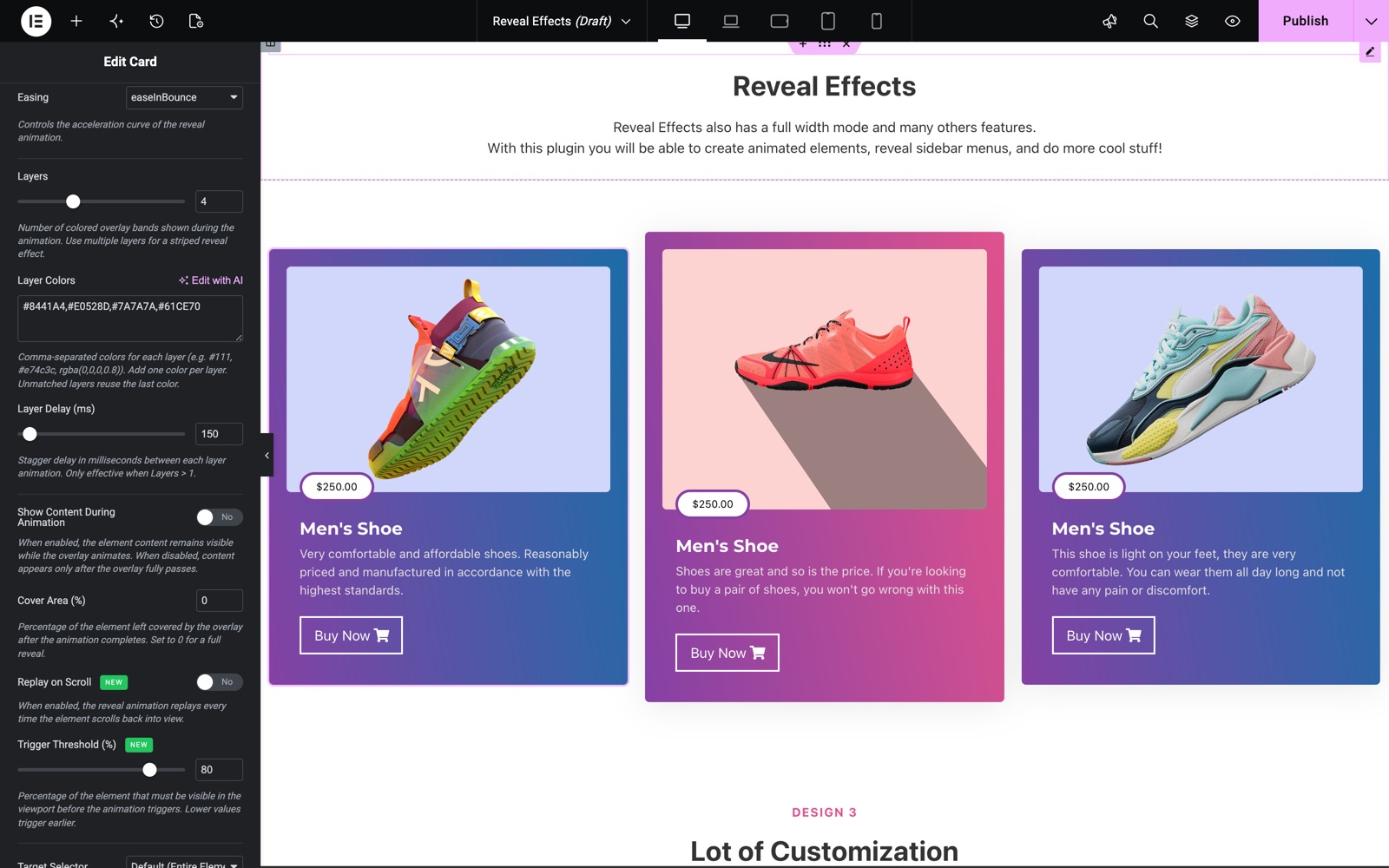 Reveal animation with four layers and four layer colors in Elementor