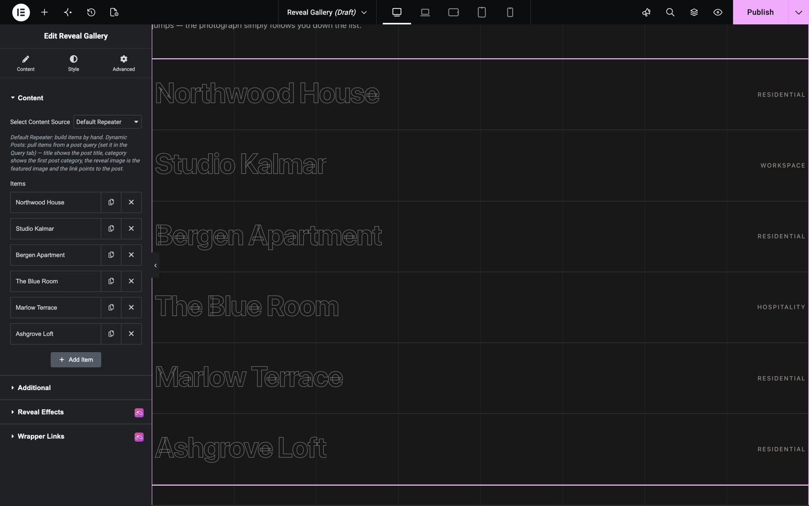 Elementor reveal gallery widget Content section with six repeater items