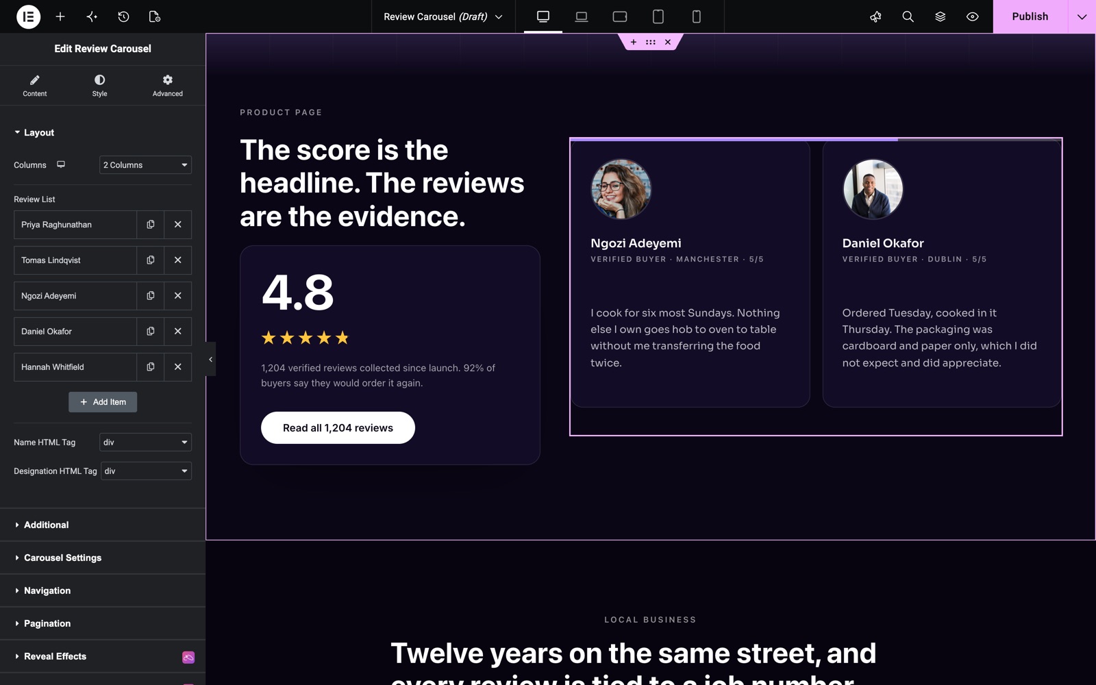 Elementor review carousel widget Layout section with columns and review list