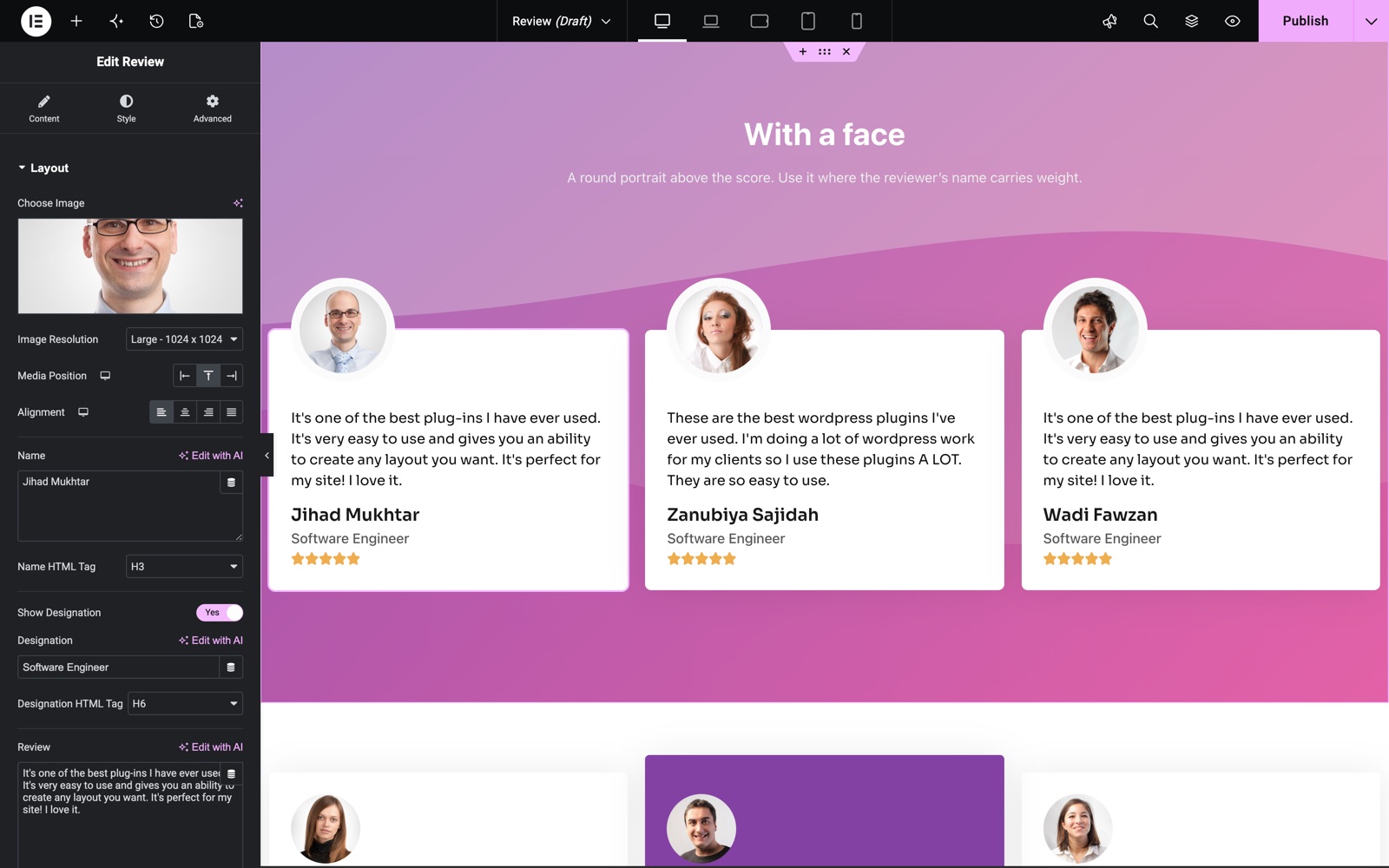 Elementor review widget Layout section with image, media position, name and review text