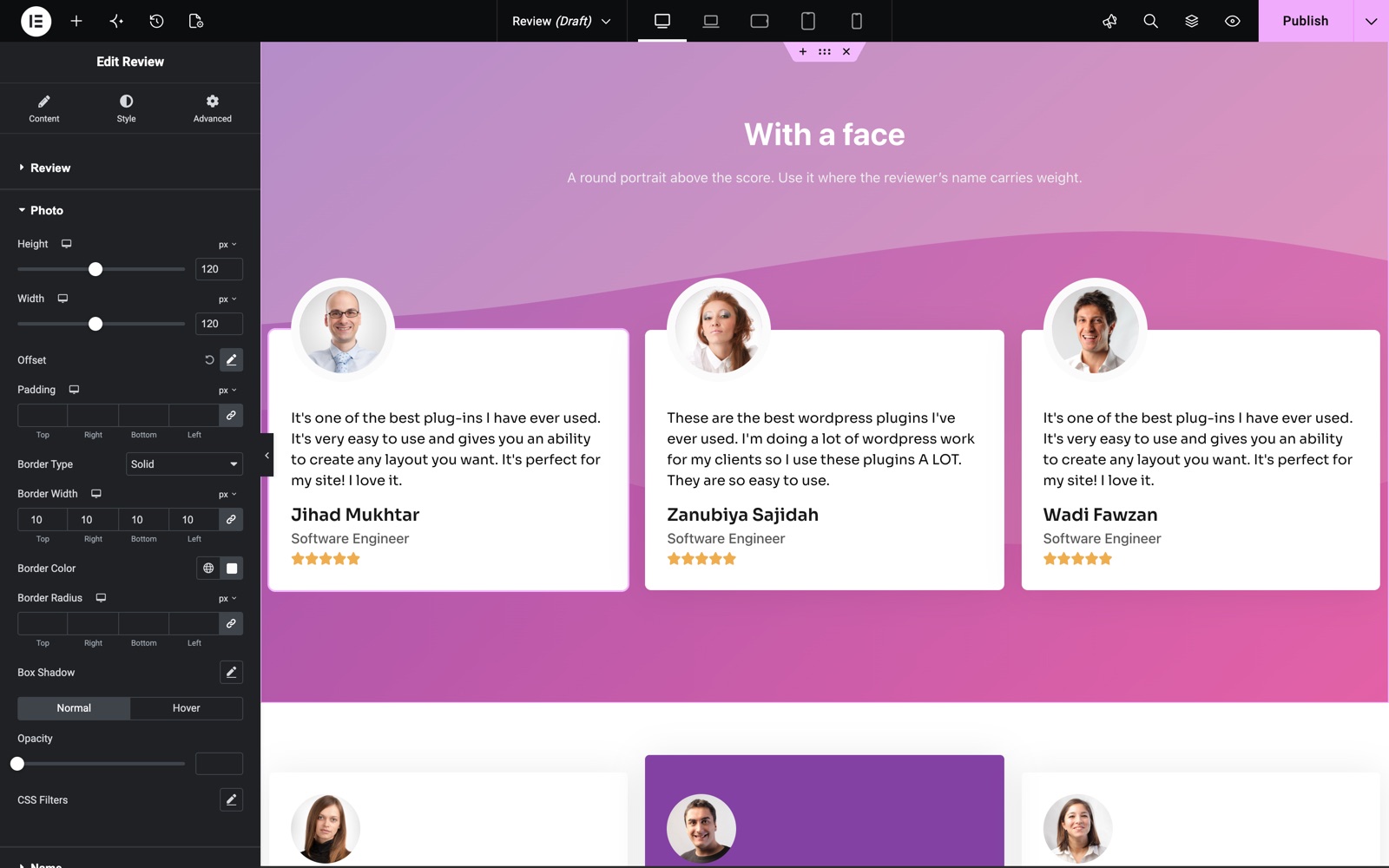 Review widget Photo style with height, width, offset, border and CSS filters
