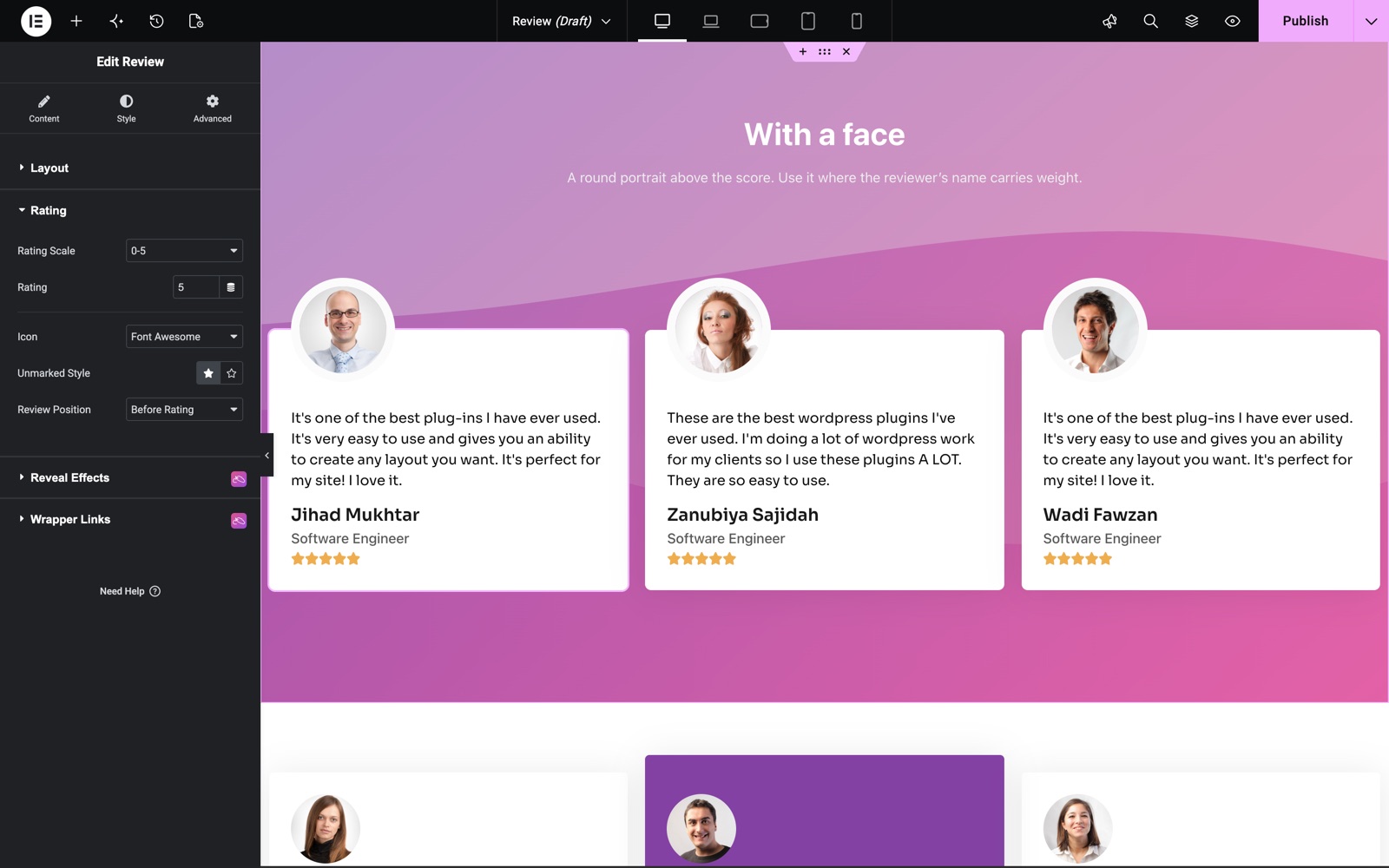 Review widget Rating section with rating scale, rating, icon and unmarked style