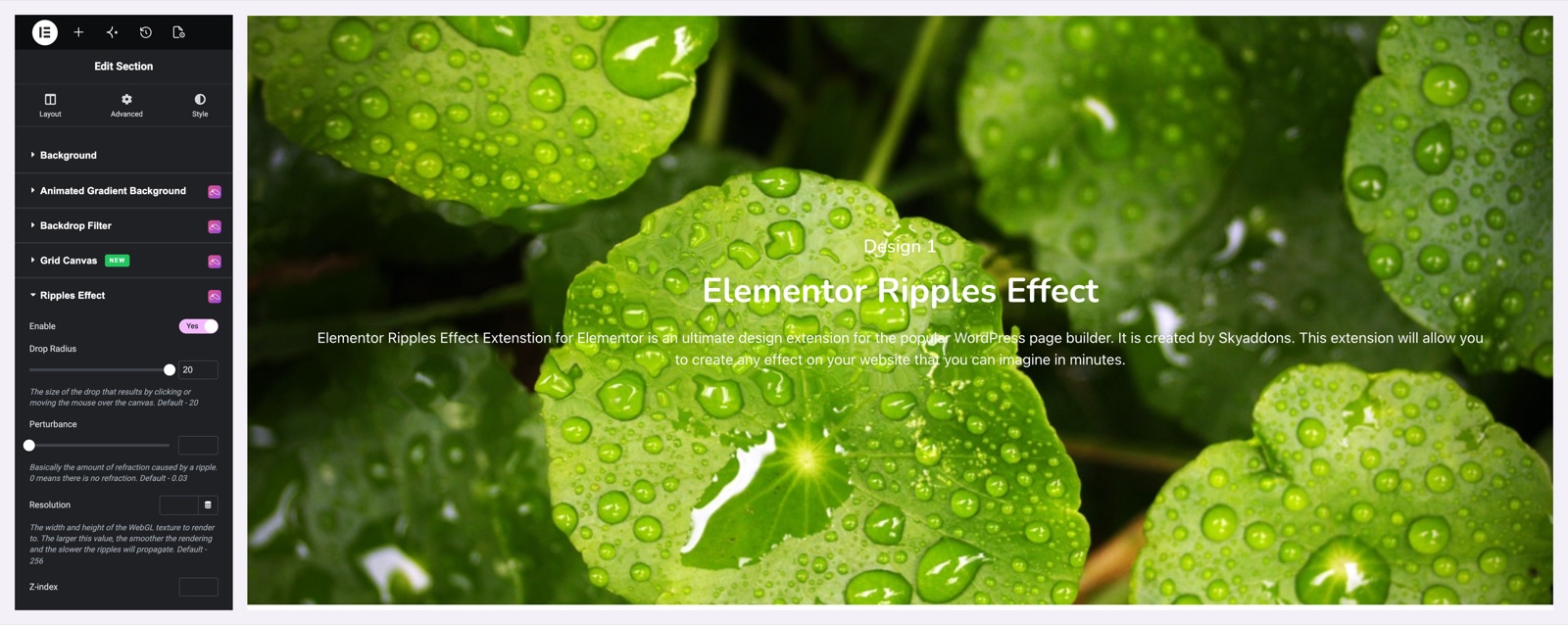 Elementor ripples effect controls next to a section with a water ripple background