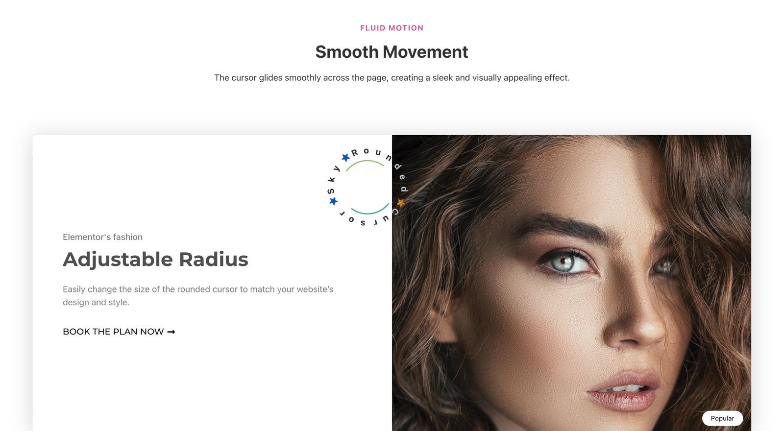 Rounded cursor with rotating text ring and spinning border on the front end