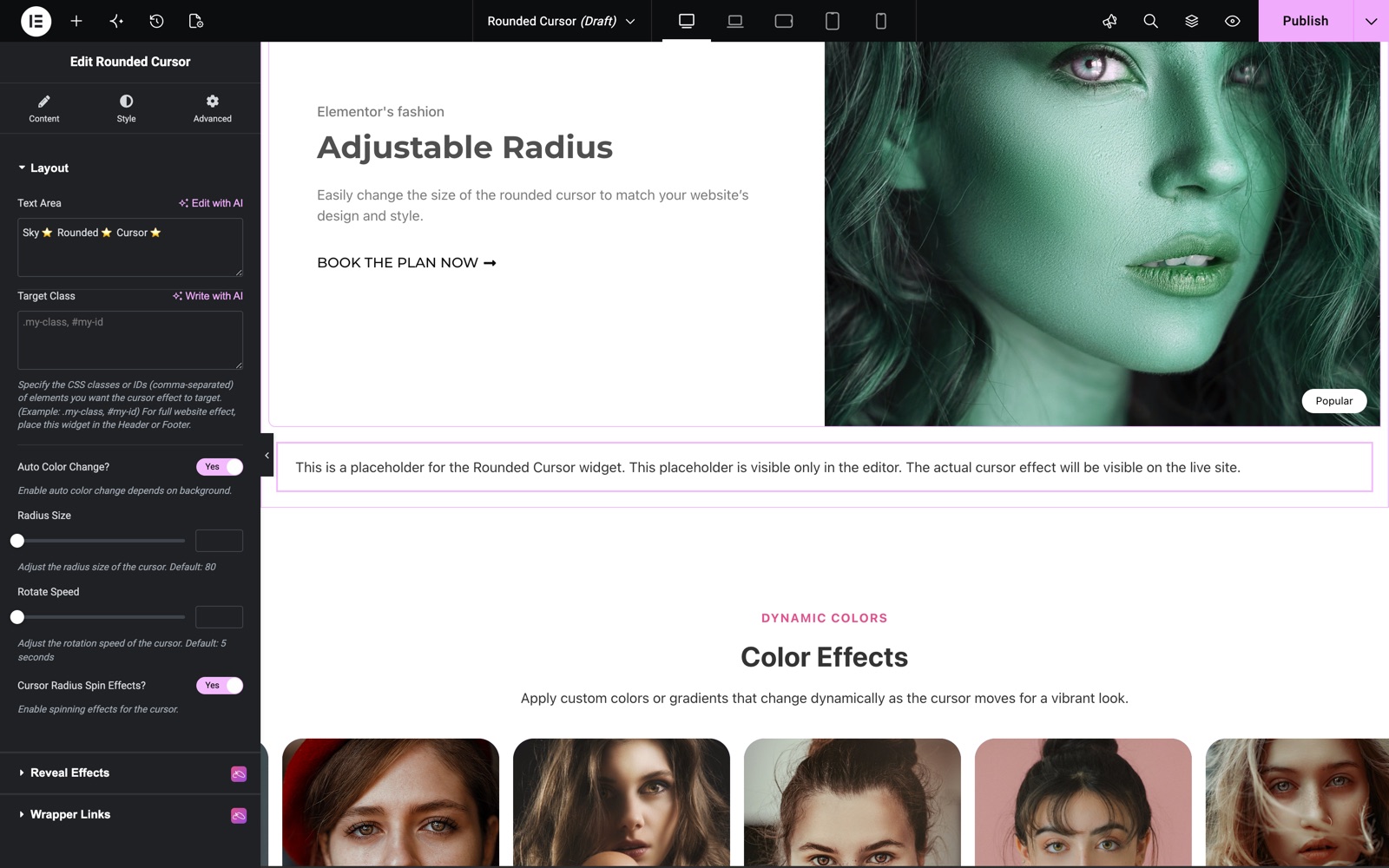 Elementor rounded cursor widget Layout section with text area, target class and radius size