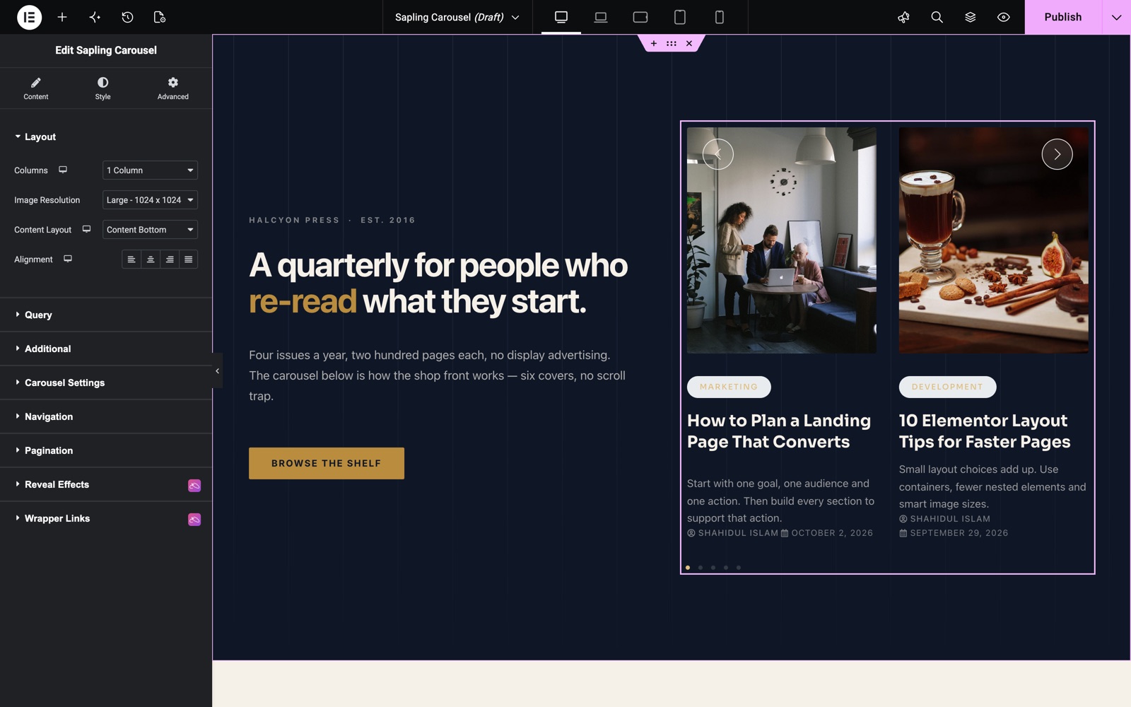 Elementor post carousel Sapling Carousel Layout section with columns and content layout