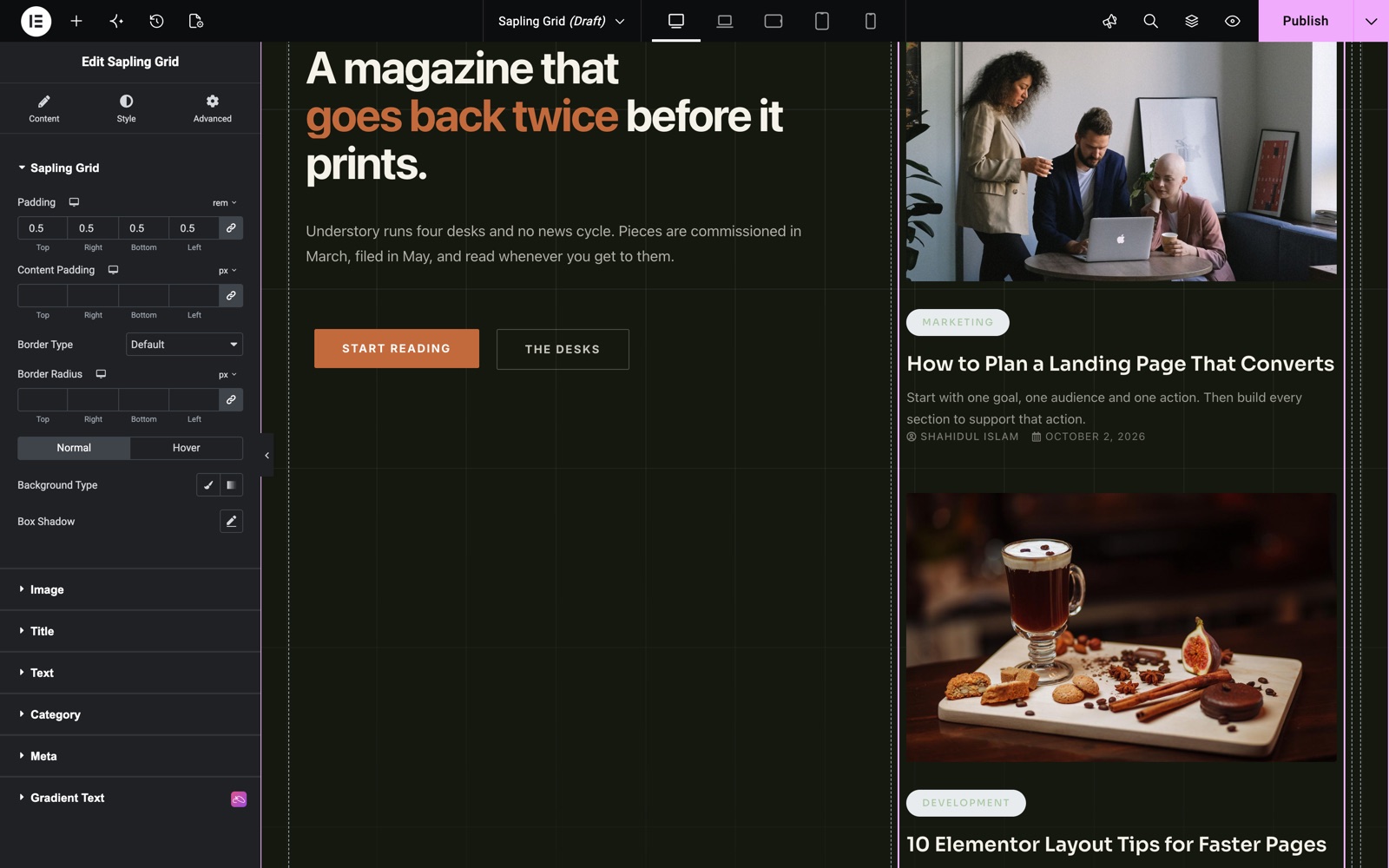 Sapling Grid card style with padding, content padding, border and hover tab