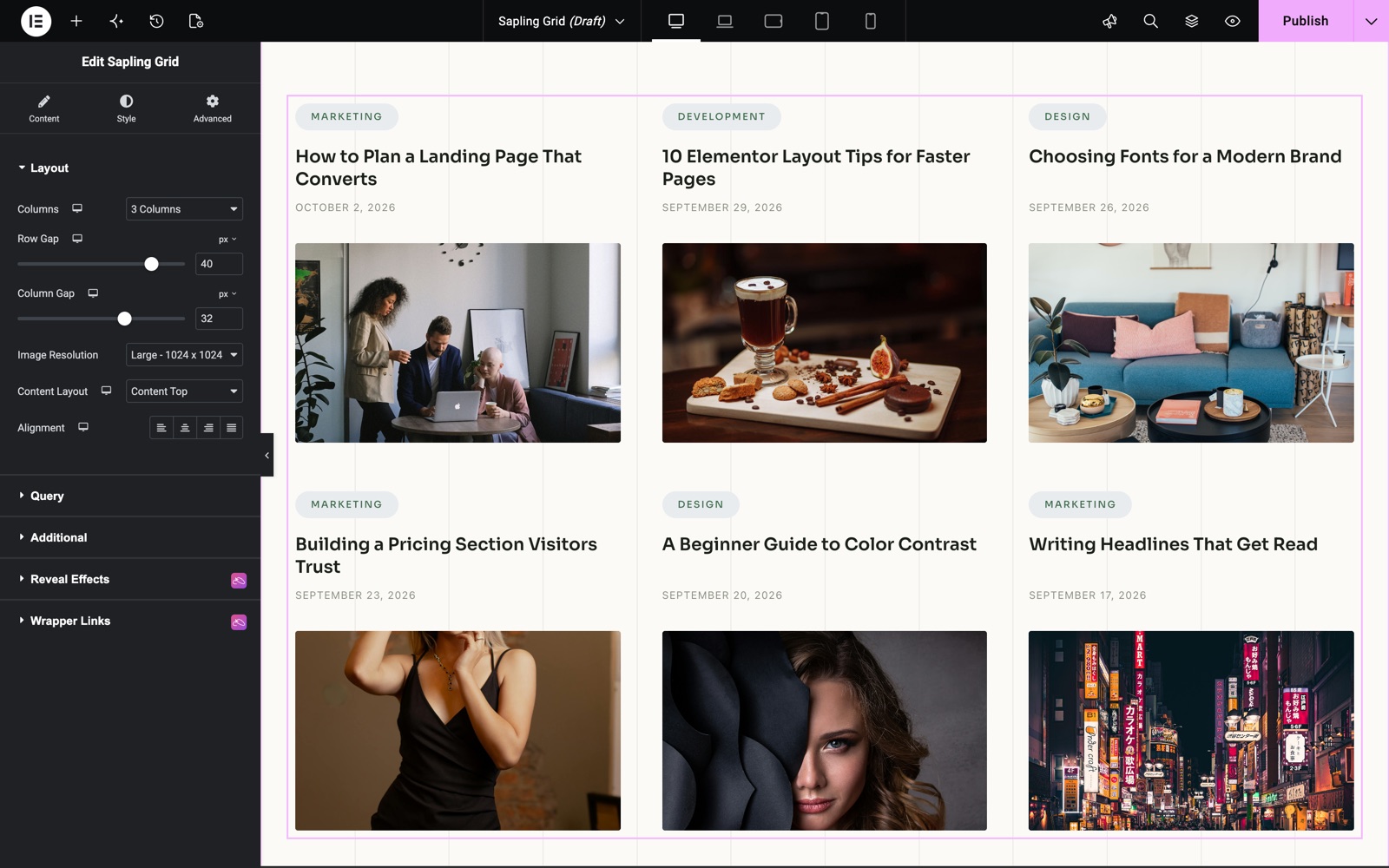 Elementor post grid Sapling Grid with three columns and Content Top layout