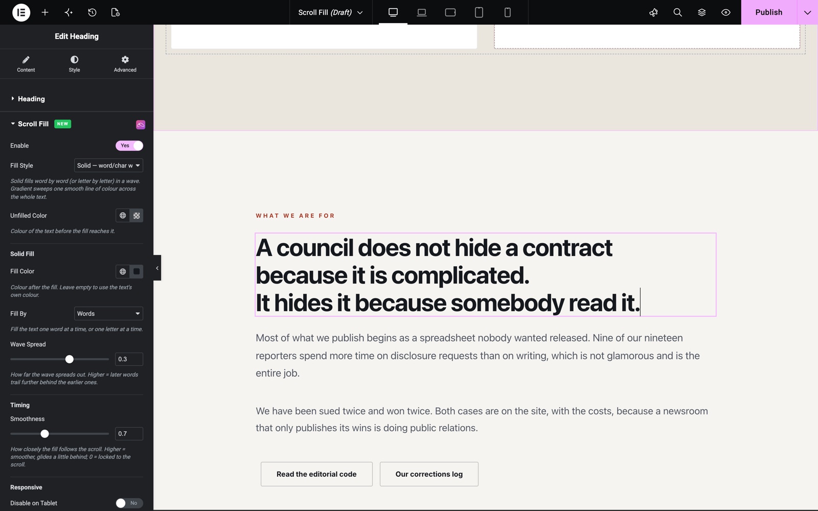 Elementor scroll fill settings on a heading with the Solid style and wave spread