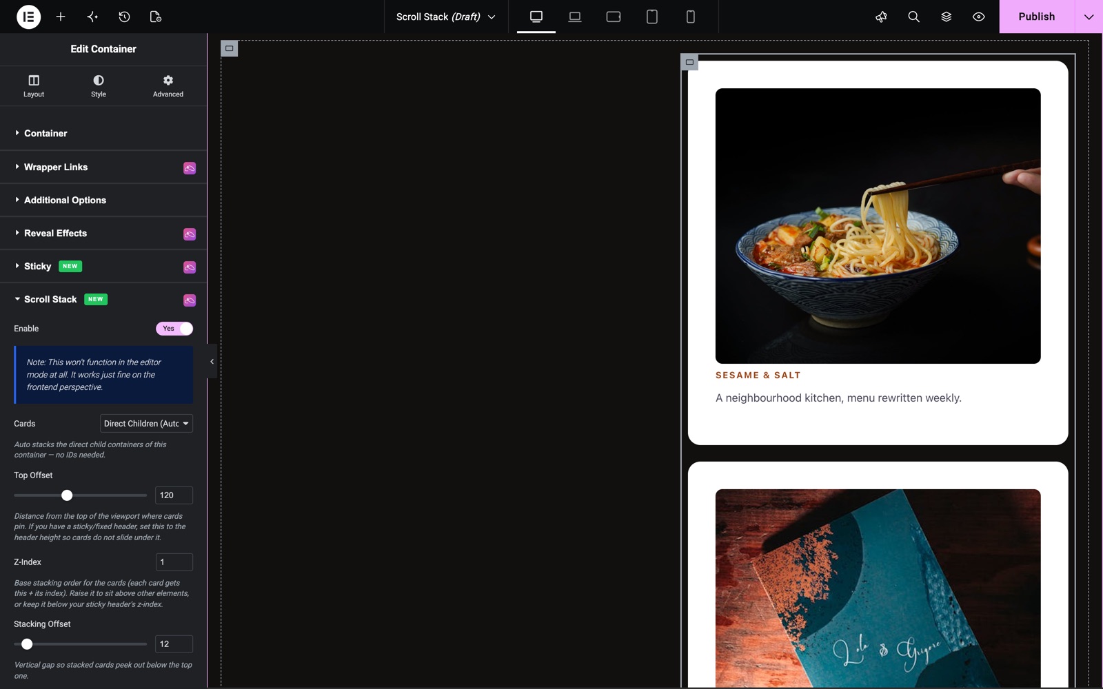 Elementor scroll stack settings in the container Layout tab with cards and top offset