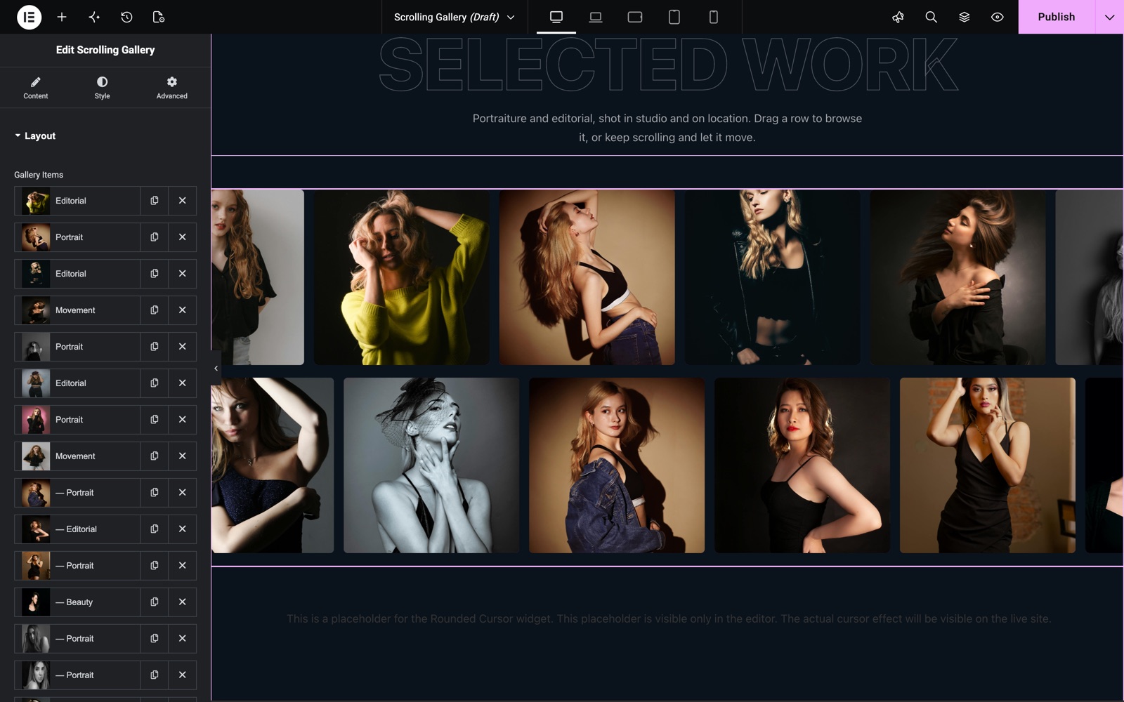 Elementor scrolling gallery widget with gallery items on two levels
