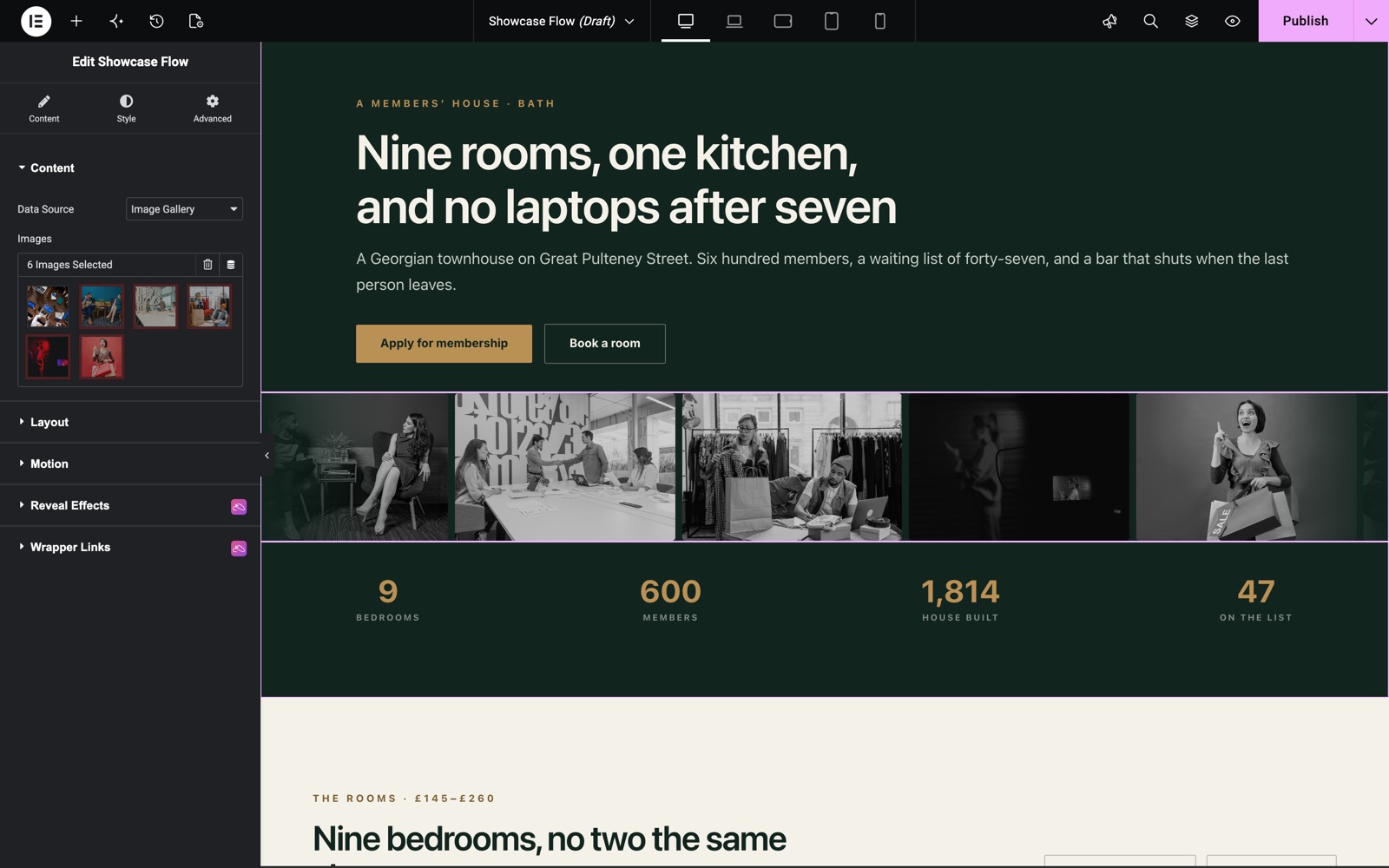 Elementor showcase flow widget with the Image Gallery data source and six images