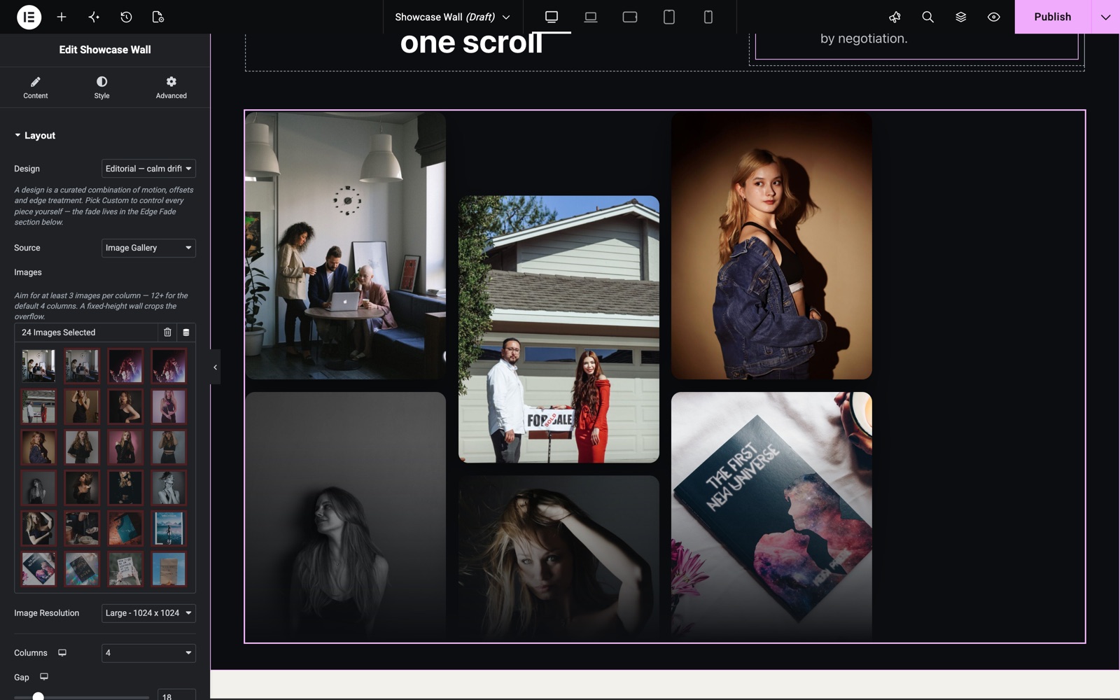 Elementor showcase wall widget Layout section with the Editorial design and 24 images