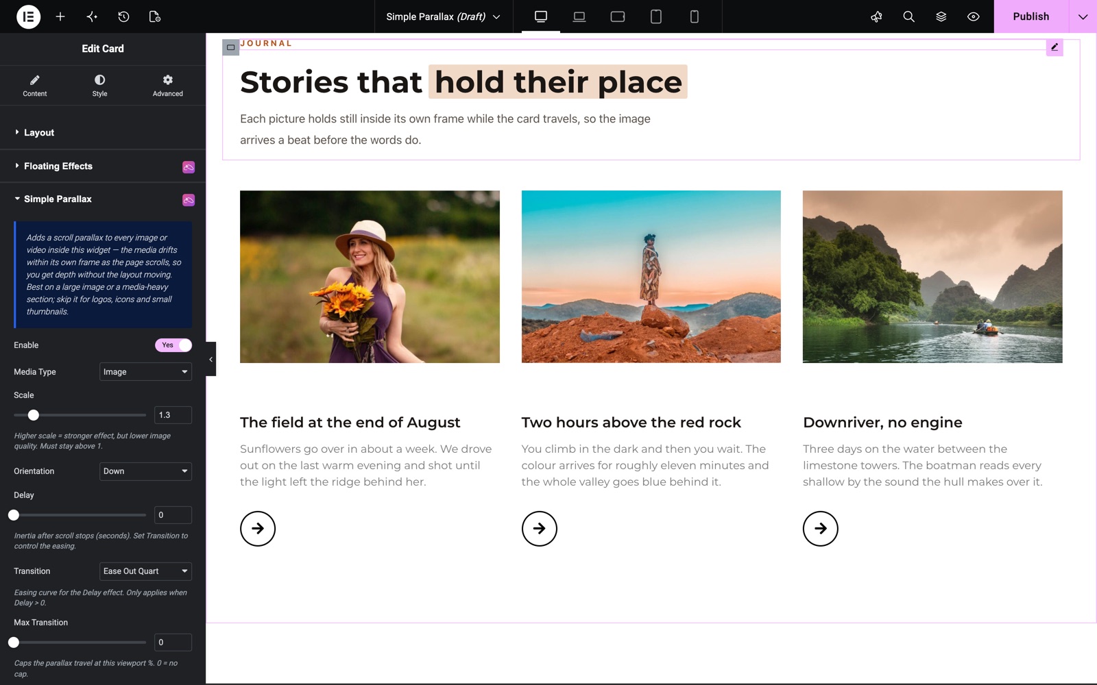 Simple Parallax on Sky Addons Card widgets with orientation Down