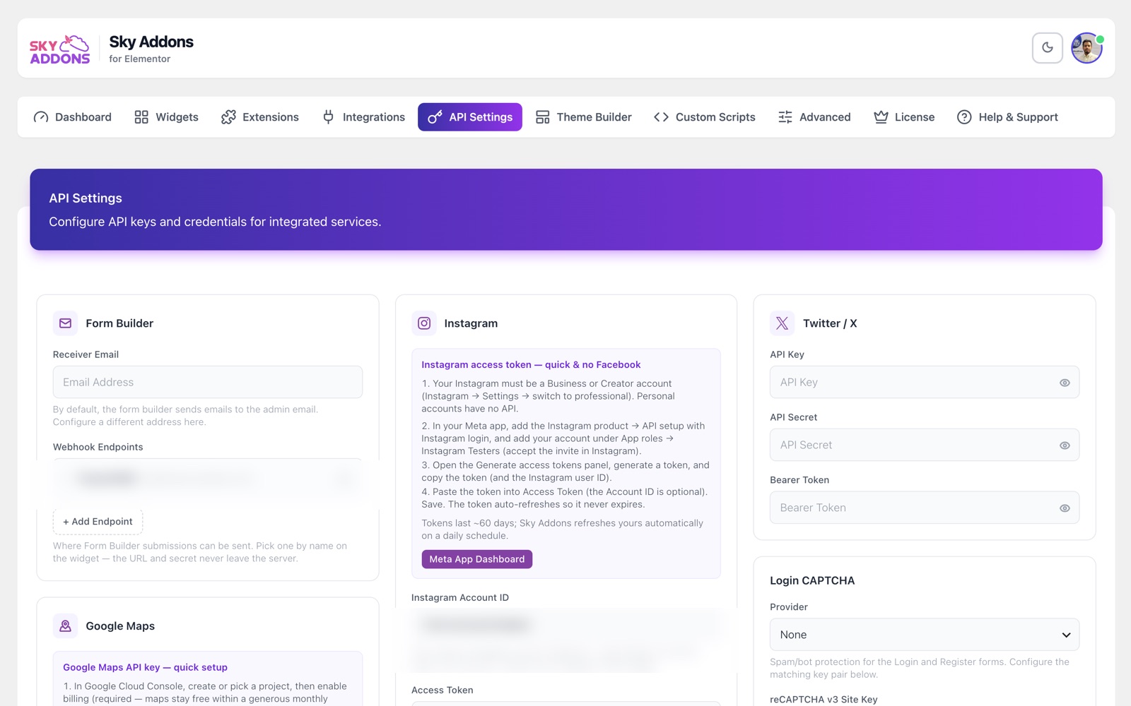 Sky Addons API Settings tab with Form Builder, Instagram and Twitter cards