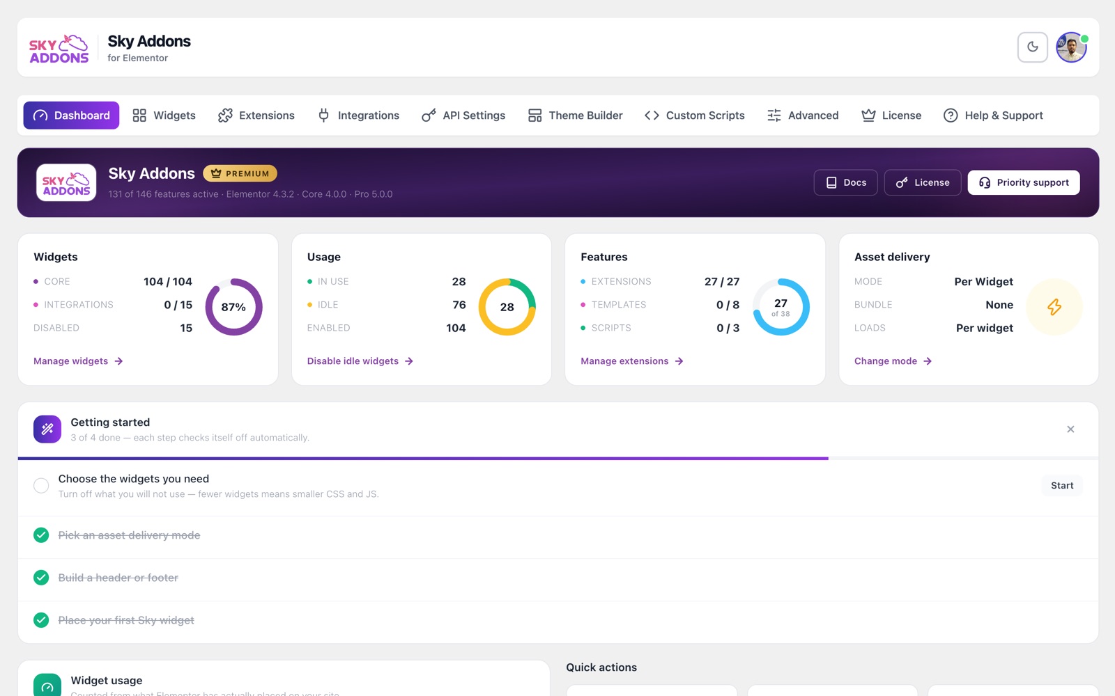Sky Addons dashboard home tab with status cards and the getting started checklist