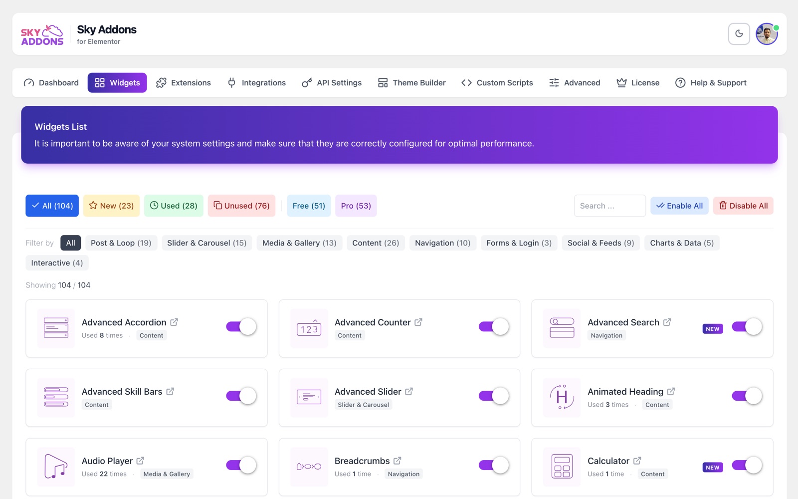 Sky Addons Widgets tab with usage filters, categories and widget switches