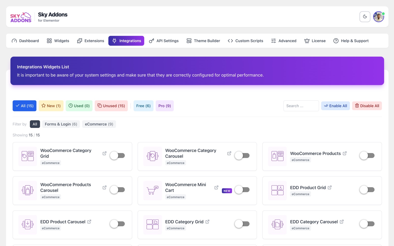 Sky Addons Integrations tab with WooCommerce and EDD widget switches