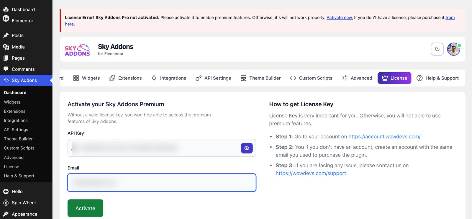 Sky Addons Pro license activation form with API Key and Email fields