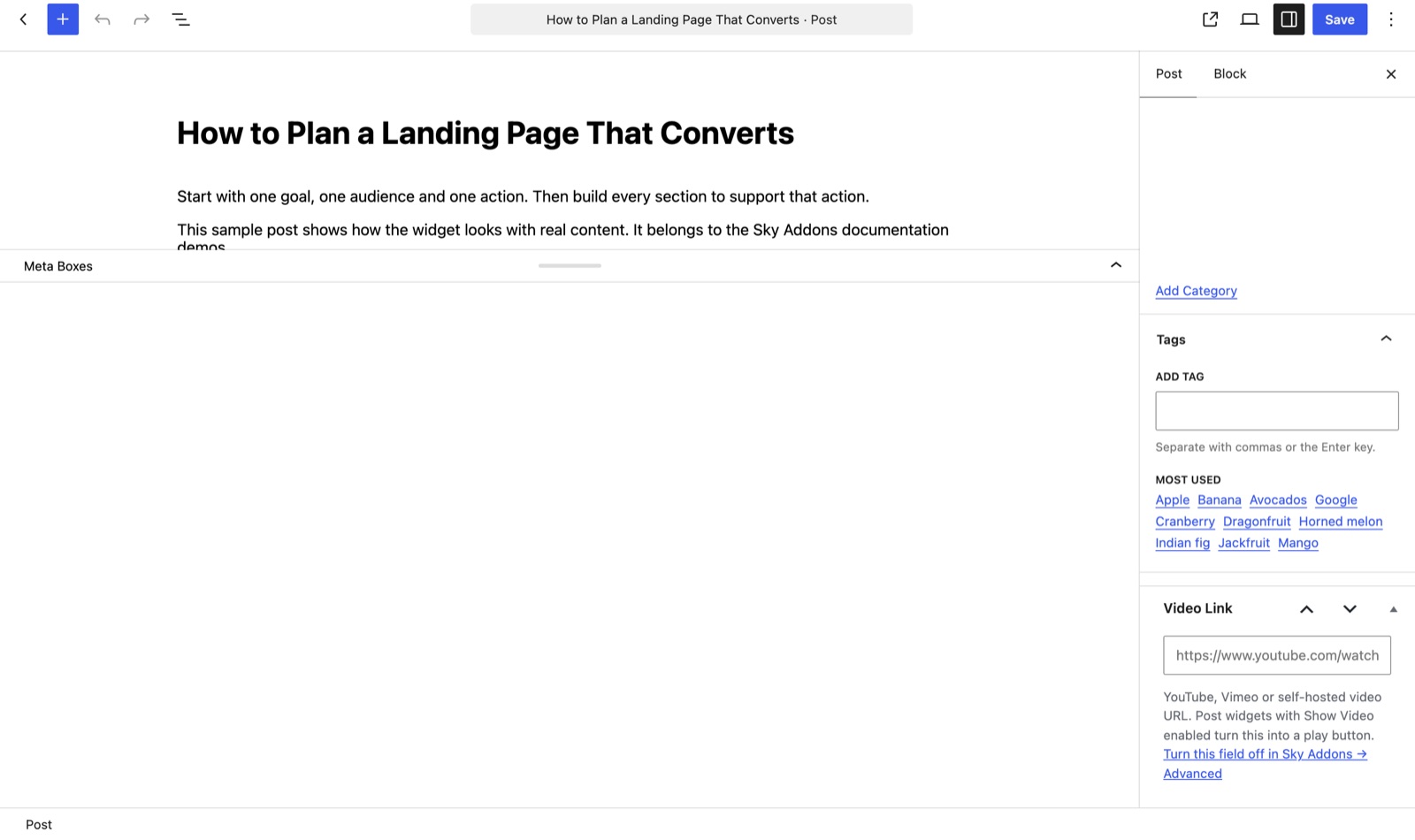 Video Link box in the WordPress post editor sidebar for a YouTube or Vimeo URL