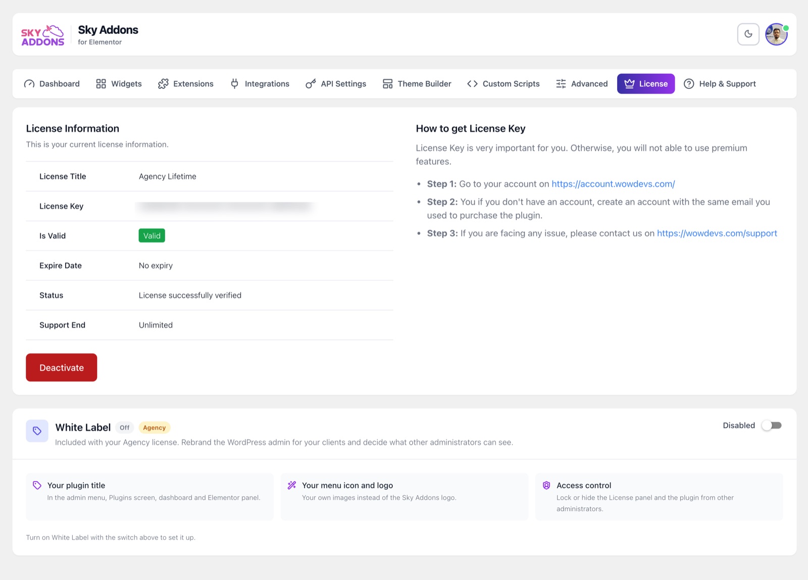 Sky Addons License tab with the White Label card for Agency licenses