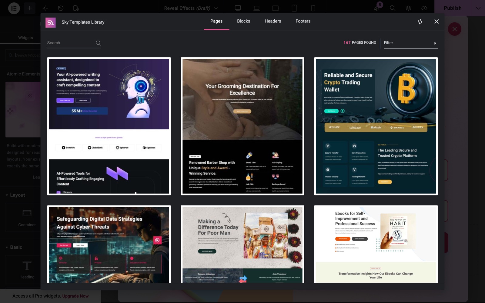Sky Templates Library modal in Elementor with Pages, Blocks, Headers and Footers tabs