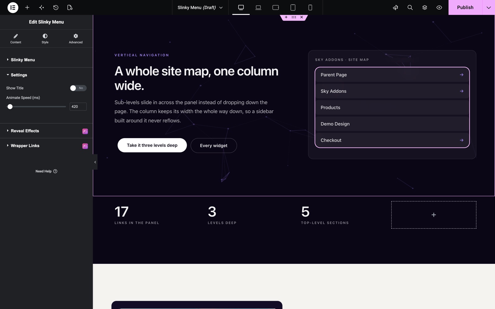 Elementor slinky vertical menu Settings section with show title and animate speed