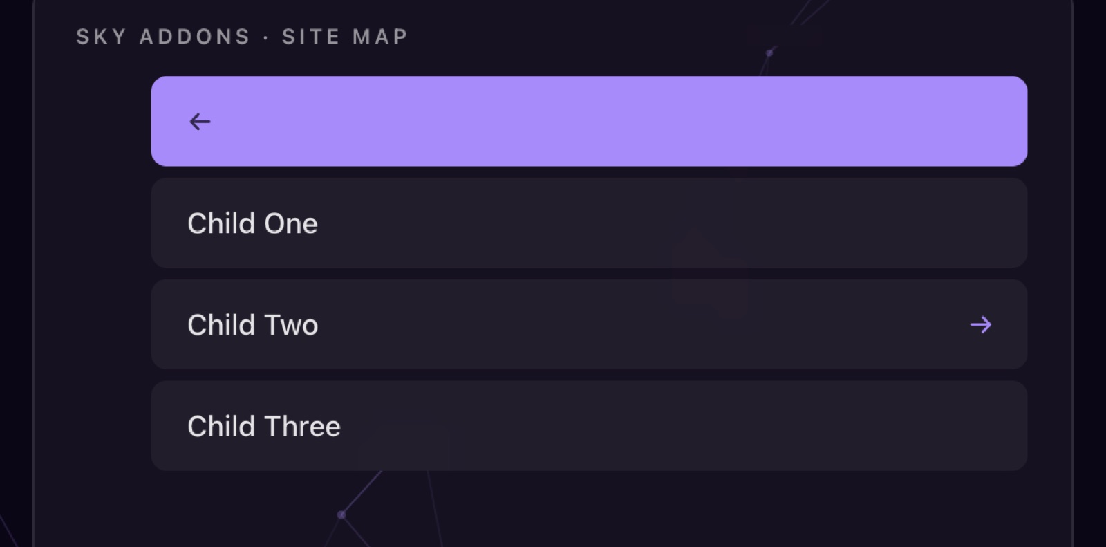 Slinky menu sub-level open on the front end with a back arrow