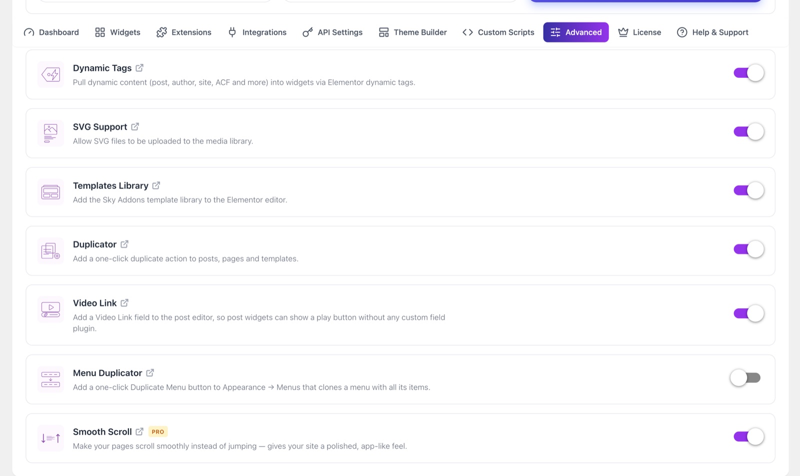 Sky Addons dashboard Advanced tab with the Smooth Scroll switch turned on