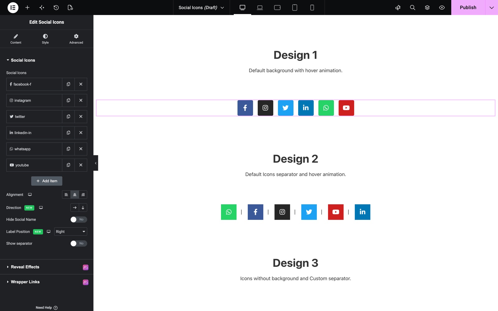 Elementor social icons widget with six networks, direction and label position