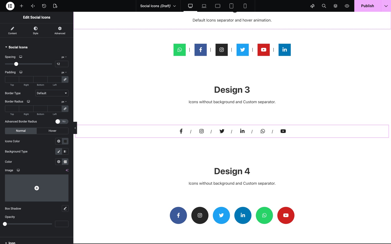 Social Icons style section with spacing, border radius and advanced border radius