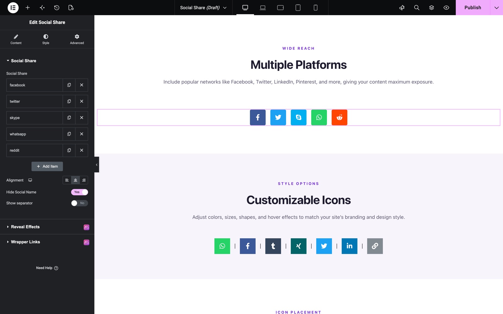 Elementor social share widget with Facebook, Twitter, Skype, WhatsApp and Reddit buttons