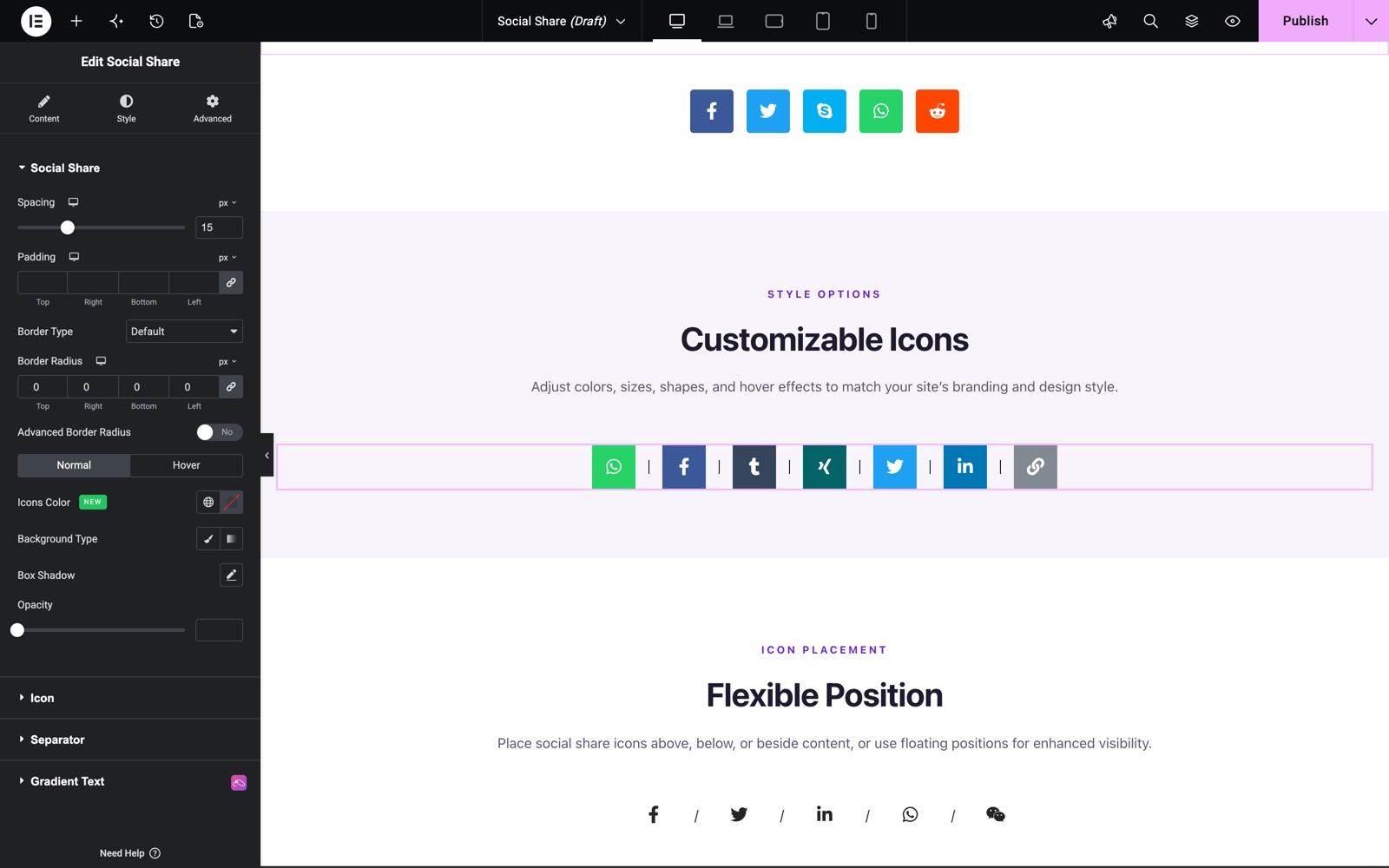 Social Share style section with spacing, border radius and a Copy Link button