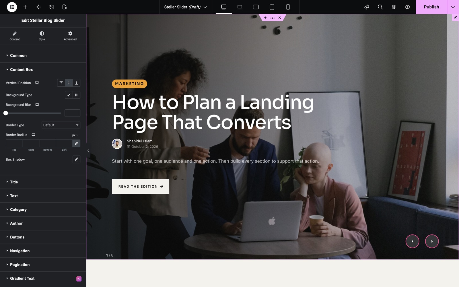 Stellar Blog Slider Content Box style with vertical position, background blur and border