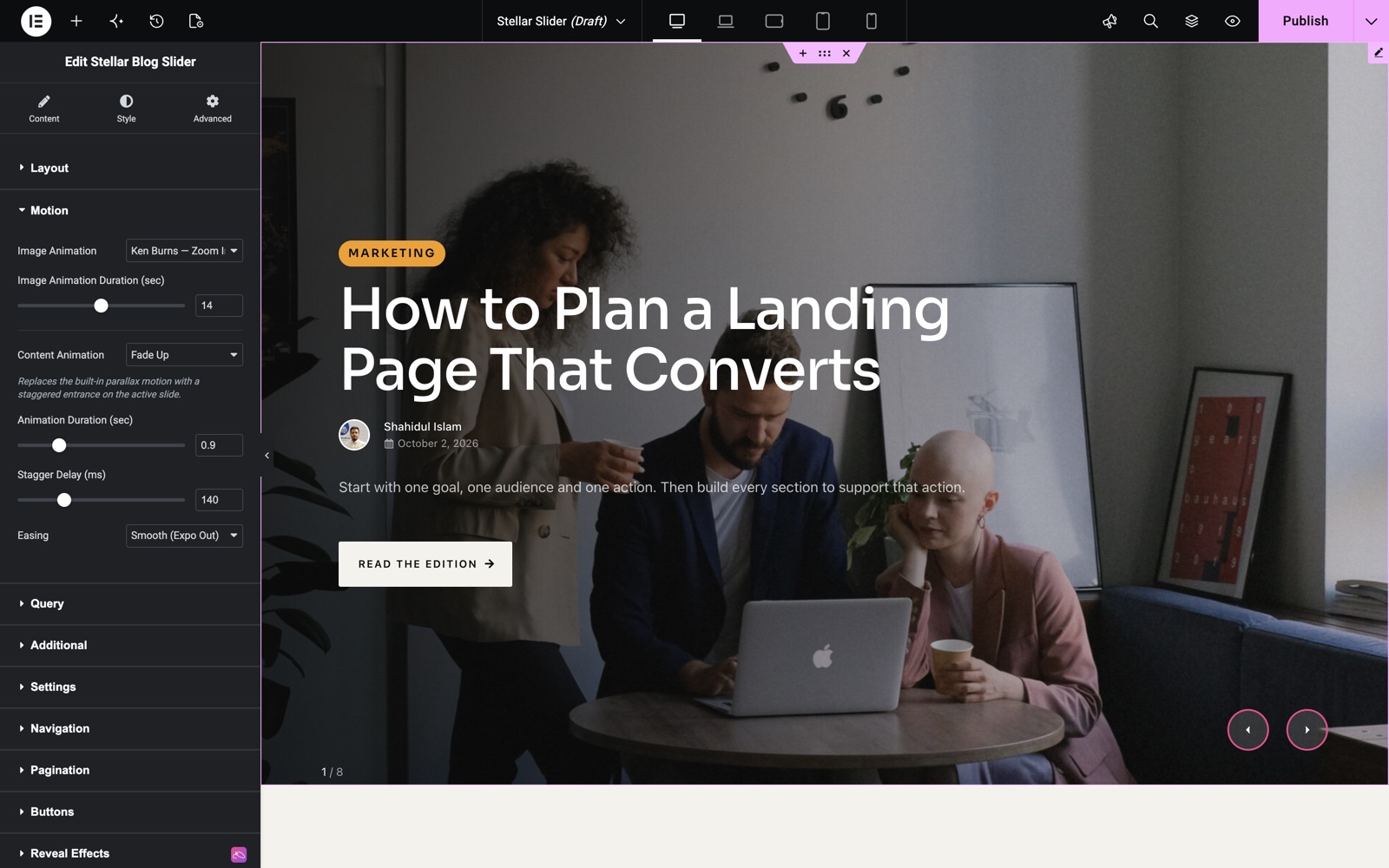 Elementor blog slider Motion section with Ken Burns zoom and Fade Up content animation