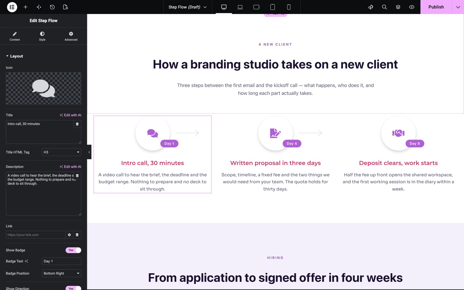 Elementor step flow widget Layout section with icon, title, badge and direction
