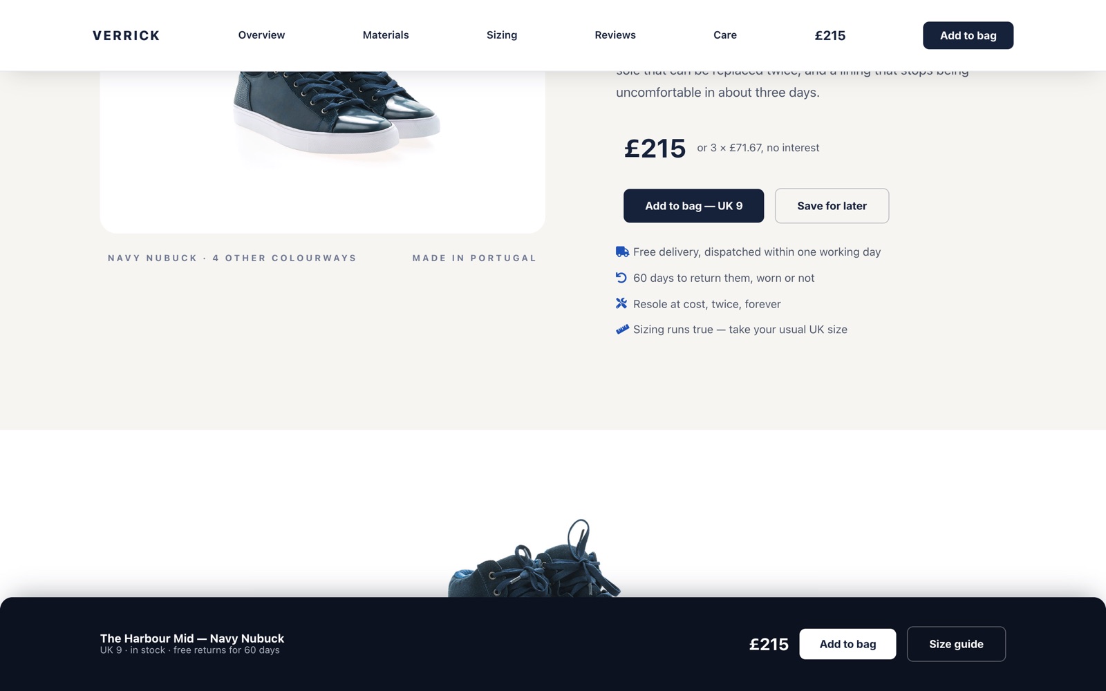 Sticky header at the top and sticky buy bar at the bottom on the front end