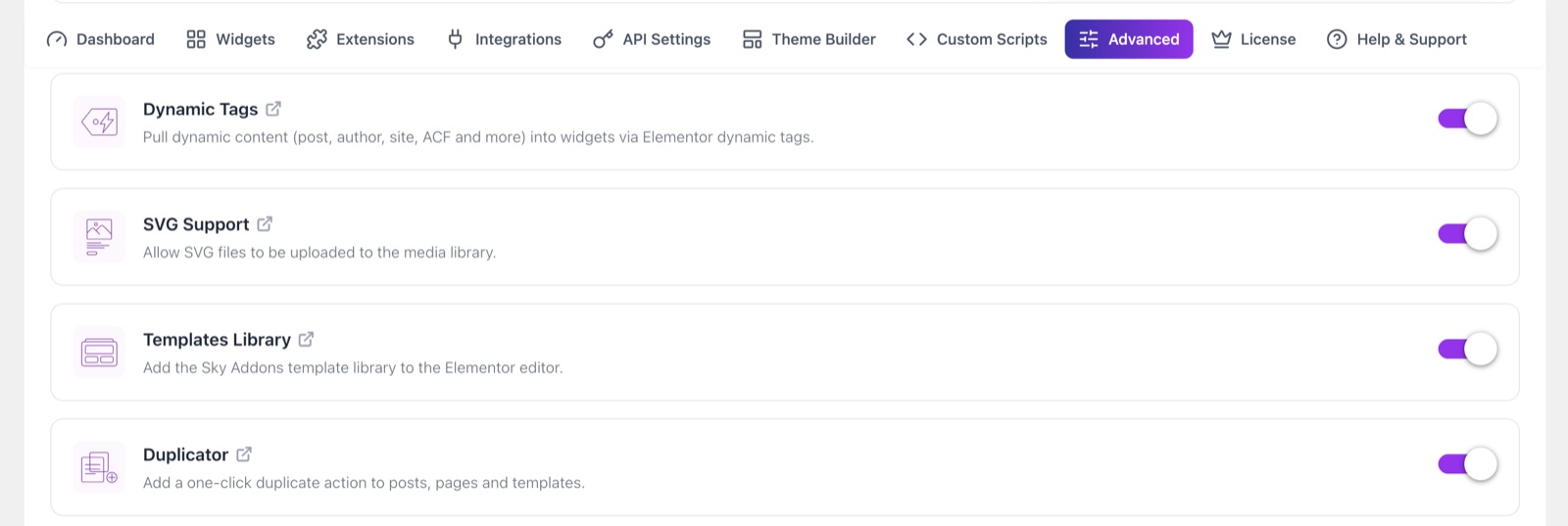 Sky Addons dashboard Advanced tab with the SVG Support switch