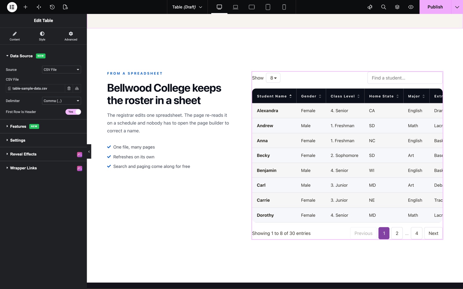 Elementor table widget with a CSV file data source, search and pagination