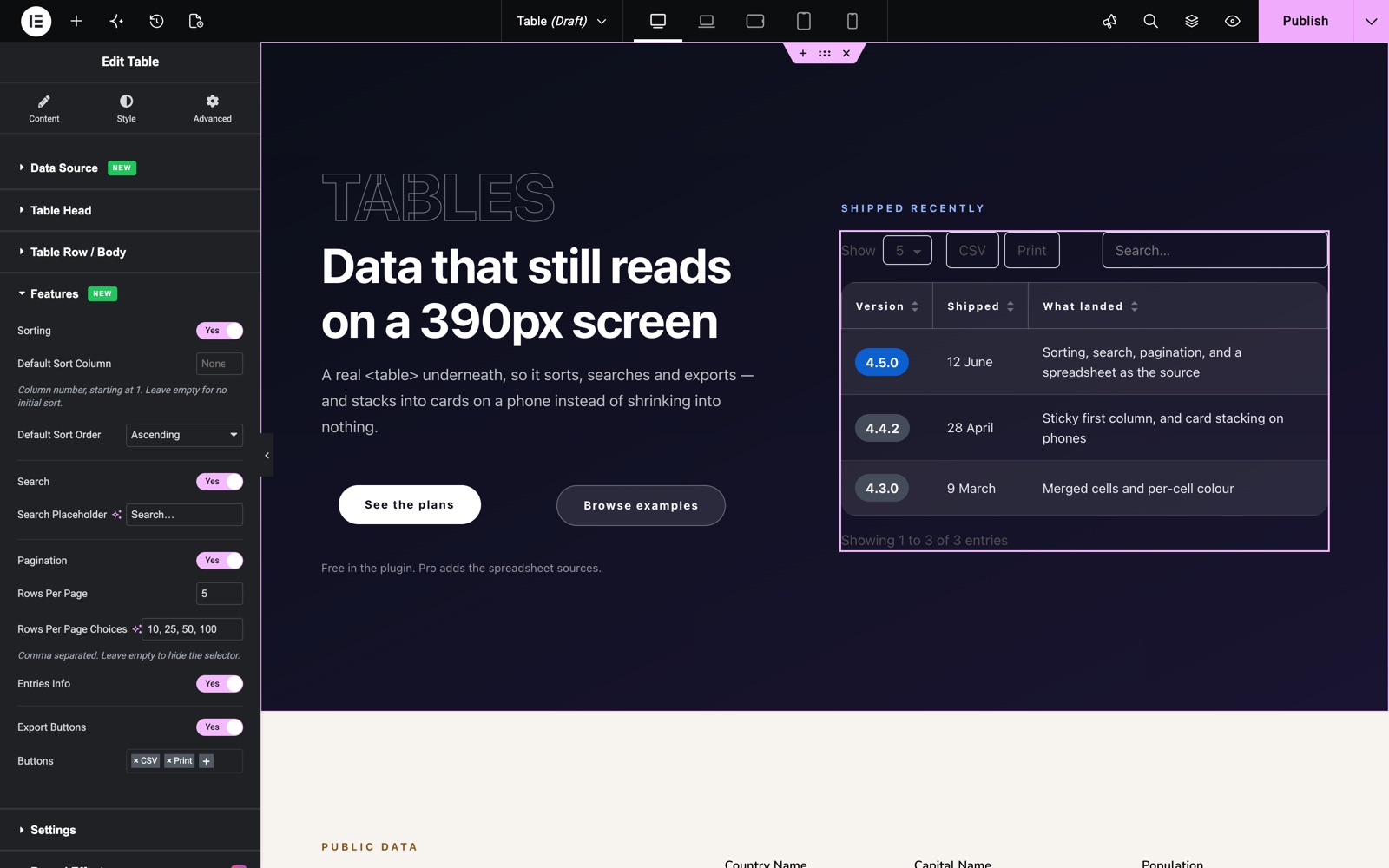 Table Features section with sorting, search, pagination and export buttons