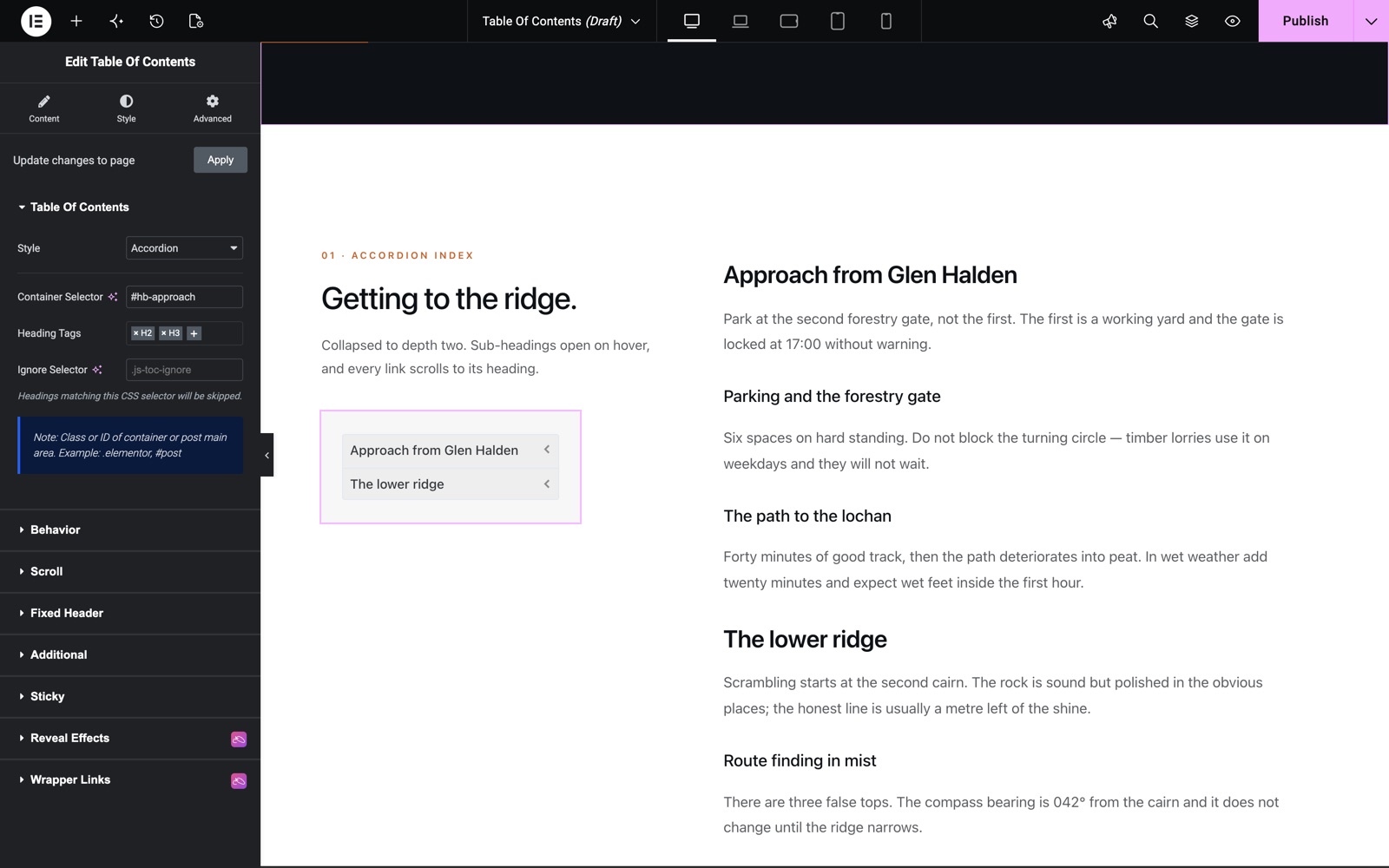 Elementor table of contents widget with the Accordion style and a container selector