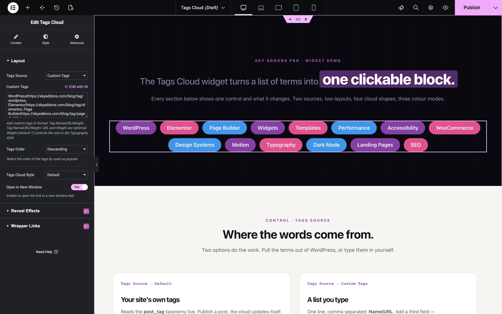 Elementor tags cloud widget with custom tags and random background colors