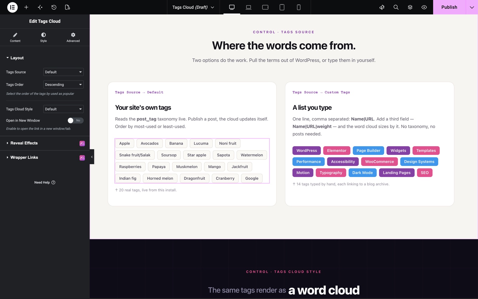 Tags Cloud with the Default source showing the site's own tags